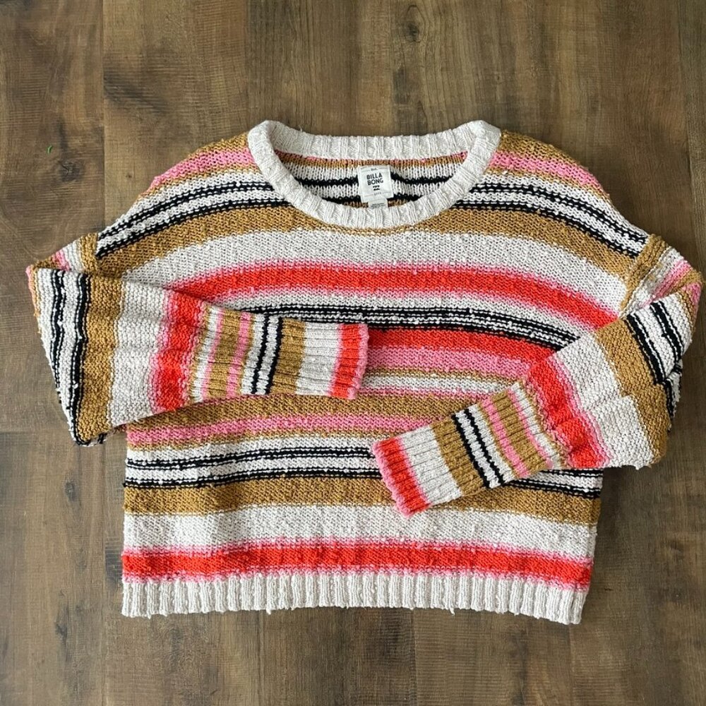 Billabong Striped Knit Sweater Pink Tan White Cotton Pullover S